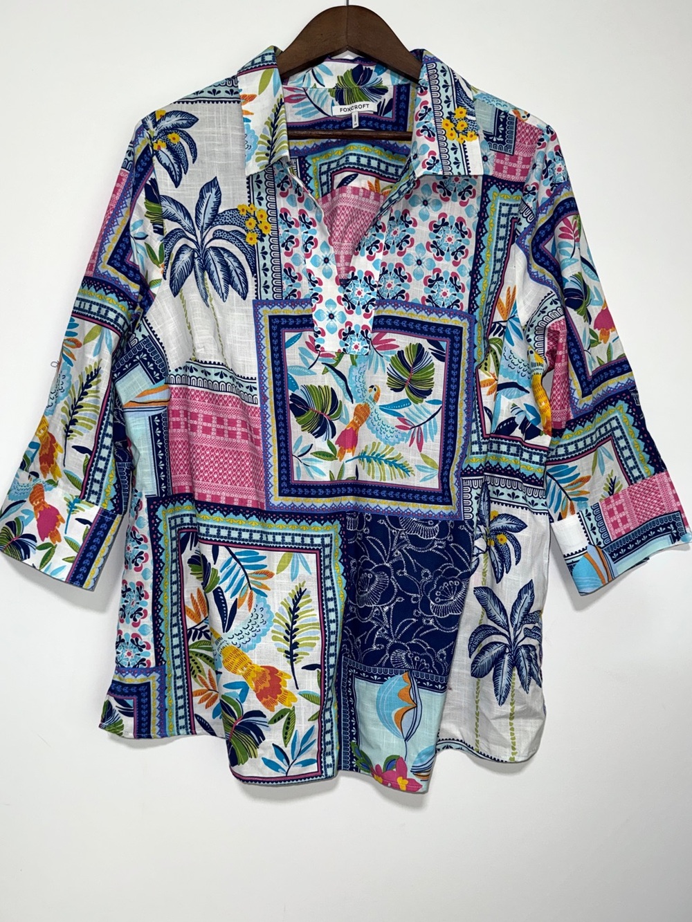 Foxcroft 1X 100% Cotton Tropical Parrot Patchwork 3/4 Sleeve Julia Blouse